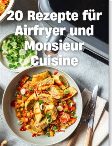 Ein Teller mit Salat und Maultaschen von oben fotografiert. Schrift 20 Rezepte für Airfryer und Monsieur Cuisine