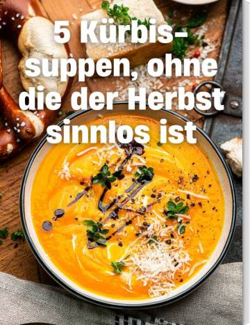 Kürbissuppen, ohne die der Herbst sinnlos ist, Foto: orangefarbene Suppe von oben fotografiert