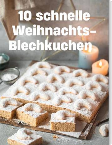 10 weihnachtsblechkuchen – Foto: Blechkuchen mit hellem Guss und Vanillekipferln darauf verteilt